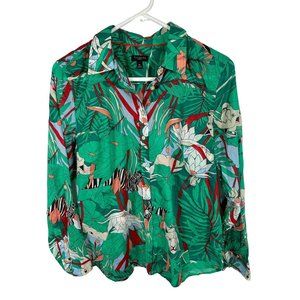 Talbots Jungle Tiger Blouse Top Button Up Womens Medium Petite MP Colorful